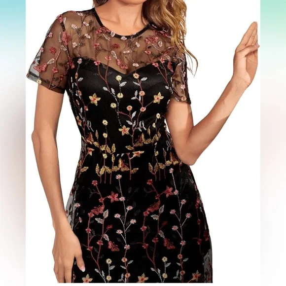 NWT - SweatyRocks Women’s Mesh Short Sleeve Embroidered Floral Dress - Size Med - Picture 2 of 14